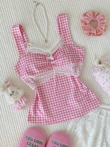 Comfortcana Women's Sweet Plaid Contrast Lace Ruched Bust Ruffle Hem Camisole Top, Summer For Women - Pink - View 6