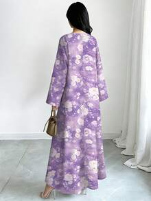 SHEIN Najma 紫色紮染碎花V領長袖長洋裝，女款春夏長款花卉洋裝，優雅阿拉伯風穿搭，適合度假、假日與日常穿著 - 彩色 - 查看 2