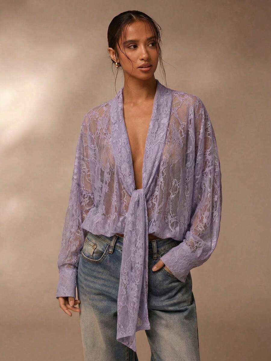 SHEIN Glamour 薄纱蕾丝衬衫,棕色蕾丝女式衬衫 - 紫色 - 查看 1