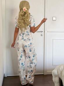 Floral Print Lace Trim Square Neck Button Decor Short Sleeve Pajama Set Pj Set Women Lounge Sets Floral Pj Set Sleep Wear Women 2 Piece Set Pajamas Set - Beige - View 2