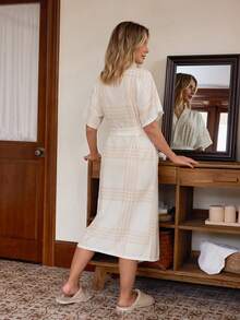 SHEIN Women's Kimono Robe With Tie Front, Plaid Pattern And Pockets - Beige - View 3