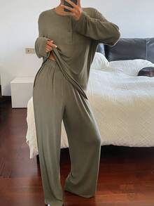 Bộ đồ mặc nhà tối giản màu trơn gồm áo khoác cardigan và quần dài dành cho nữ. - xanh quân đội - Xem 6