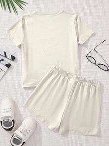 SHEIN Leap Crew 2 件套可爱粉色蝴蝶结和樱桃印花少女休闲简约短袖 T 恤和短裤，适合夏季 - 彩色 - 查看 4