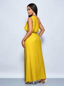 SOLERSUN 性感优雅的波点两件套，露肩上衣，长裙，仿亚麻休闲黄色套装，通勤和度假的完美之选，春夏女装。 - 芥末黃 - 查看 2