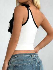 INAWLY Women's Asymmetrical Ruffle Floral Design Contrast Color Asymmetric Shoulder Tank Top - Black and White - View 2