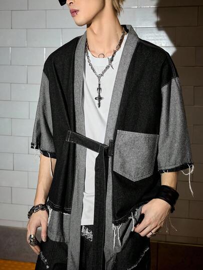 ROMWE MEN Street Life Men's 2 In 1 Patchwork Pocket Button Design Casual Versatile Commuting Denim Short Sleeve Top