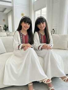 Young Girls' New Geometric Pattern Round Neck Long Sleeve A-Line Casual Maxi Dress, Suitable For Beach Party, Summer - White - View 8