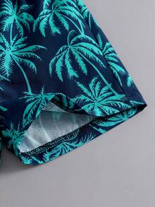 SHEIN 2件套幼儿男童度假绿色热带植物图案短袖衬衫+松紧腰短裤套装，童装。幼儿服装，幼儿衬衫，幼儿短裤，婴儿套装，6个月-3岁 - 黑色 - 查看 6