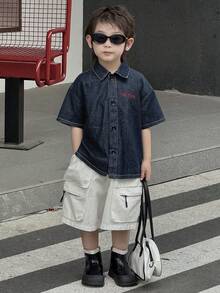 DAZY 男童字母刺绣短袖牛仔衬衫 - 藍色 - 查看 5