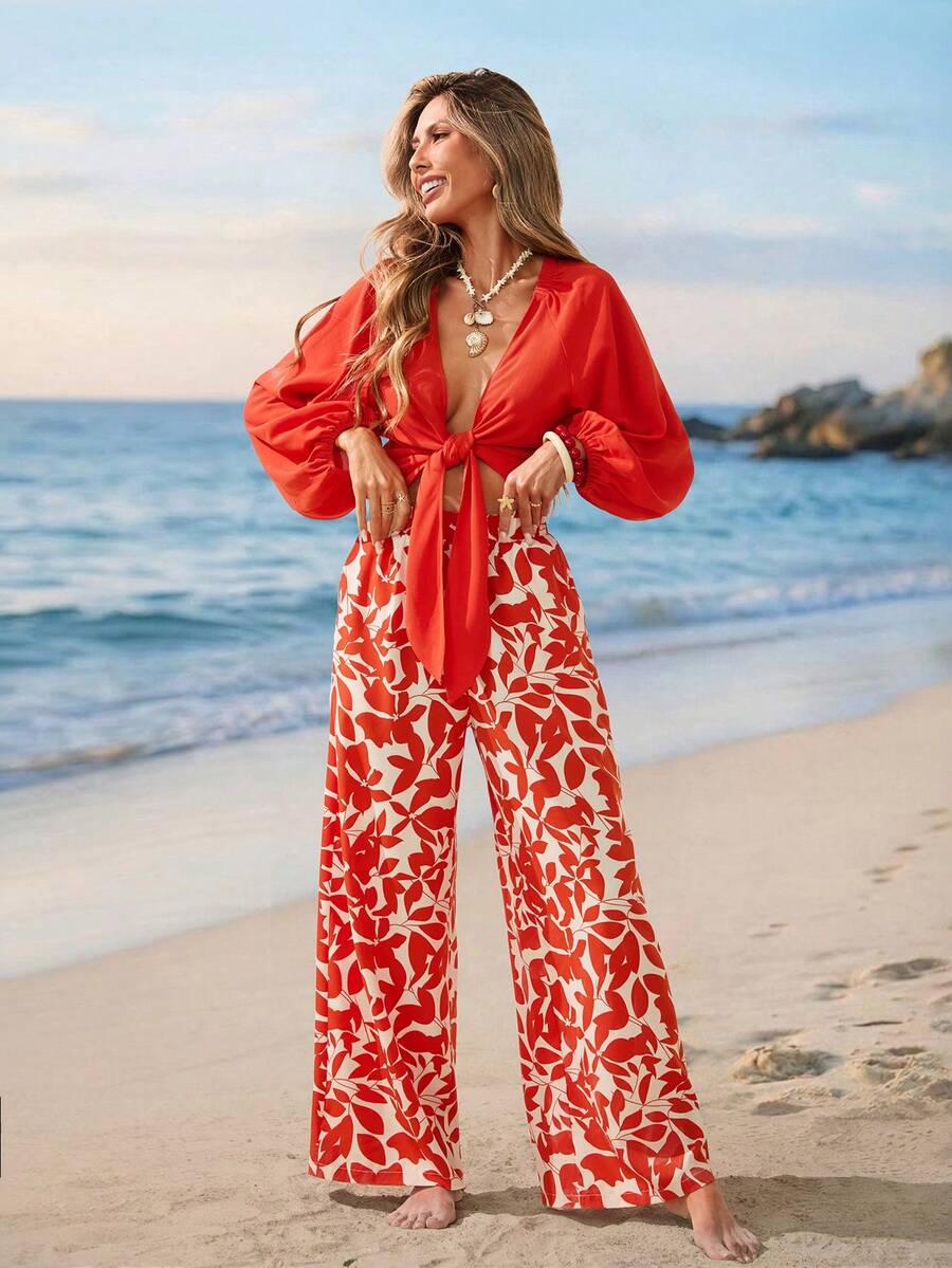 Sylviya 女士休闲橙色度假长袖上衣和裤子套装，度假 - 彩色 - 查看 1