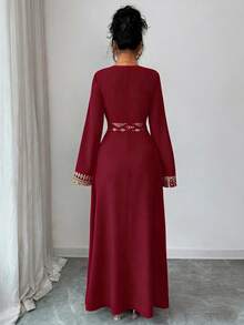 Rafferiza 方领褶裥优雅雪纺长裙，黑色金箔花卉印花，高贵浪漫，女士春秋服装 - 紅色 - 查看 2