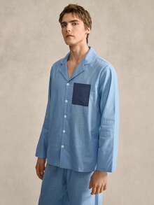 SHEIN Men's Casual Pajama Set With Lapel Collar, Long Sleeve Top And Long Pants, Blue Patchwork - Blue - View 6
