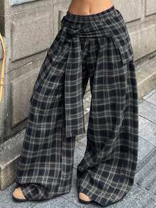 Coolane 女士休闲格子梭织宽松阔腿裤，秋季款 - 寶藍色 - 查看 5