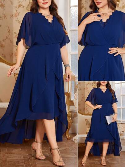 Reflora Vestido elegante de talla grande de verano de unicolor con encaje asimétrico y bajo contrastante