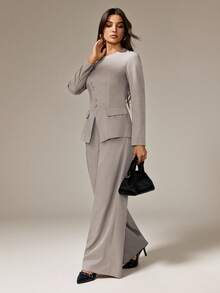 SHEIN Tall Bộ đồ nữ thanh lịch, đa năng, phù hợp đi làm hàng ngày, thời trang đường phố, áo blazer tay dài cài cúc eo bất đối xứng và quần dài cạp cao màu xám kaki, 2 mảnh. - Xám - Xem 1