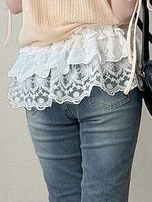 FRIFUL Chân váy xếp ly nhiều lớp bằng ren lưới, thắt nơ và xếp nếp, đa năng dành cho nữ, thích hợp mặc đi biển. - trắng - Xem 2