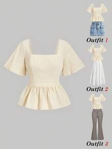 SHEIN MOD 女士杏色露背蝴蝶结荷叶边下摆衬衫 - 杏色 - 查看 2