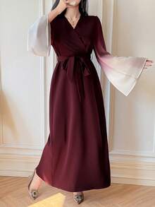 DAZY Women's Fashionable Elegant Wrap Waist Flare Sleeve Dress - Burgundy - View 5