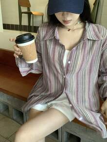 DAZY Women's Striped Minimalist Long Sleeve Shirt, Casual Everyday Wear - Brown - View 4