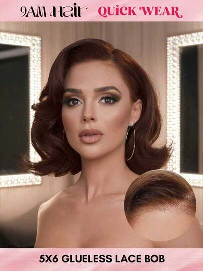 ALL READY WIG Wear And Go Glueless Bob Wig 4# Color Loose Wave Lace Front Human Hair Wigs For Women Chocolate Brown Colored Pre Plucked And Pre Cut 5x6 Lace Closure No Glue Needed For Beginners 8 Inch