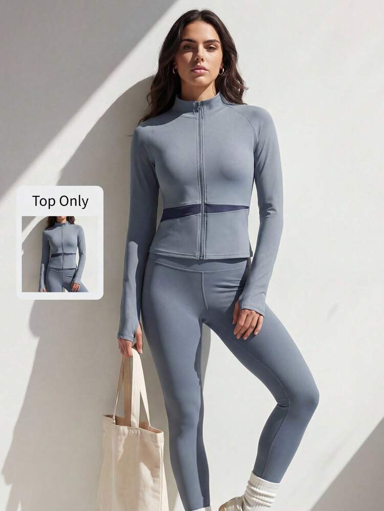 Farbblock Yoga Jacke, Hochkragen Slim Fit Naked Feel Fitness Top für Frauen