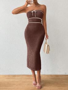 Pariaura Women's Autumn/Winter Strapless Knit Sexy Dress, High-Quality Vacation Style Long Dress - Coffee Brown - View 3