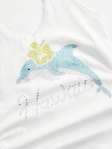 Sweetness Casual Relaxed Cute Dolphin Graphic Rhinestone Embellished Women Tank Top, Suitable For Island Vacation & Daily Wear - White - View 3
