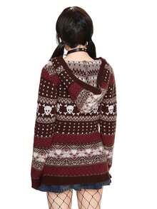 ROMWE J-Fashion 女式万圣节骷髅图案复古印花套头连帽毛衣，秋冬，长袖上衣 - 棕色 - 查看 2