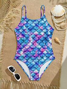 色彩鲜艳的豹纹连体泳衣，适合青少年女孩，采用弹力梭织面料，适合海滩、游泳和度假。 - 彩色 - 查看 3