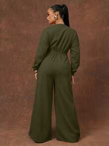 Vixey 浅灰色重磅抓绒卫衣长袖阔腿连体裤 - 軍綠色 - 查看 2