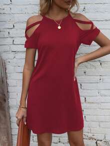 SHEIN LUNE Solid Color Off-Shoulder Casual Loose Summer Versatile Dress - Red - View 3
