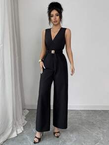 SHEIN PETITE Women's Sexy V-Neck Sleeveless Thin Waist Belt Accessory Wide Leg Jumpsuit, Spring/Summer - Black - View 3