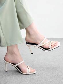 CUCCOO BIZCHIC 女士黑色亮片方头细跟中跟鞋，优雅、休闲、舒适、一脚蹬，适合工作、通勤、约会、派对、正式场合。 - 糯米白色 - 查看 1