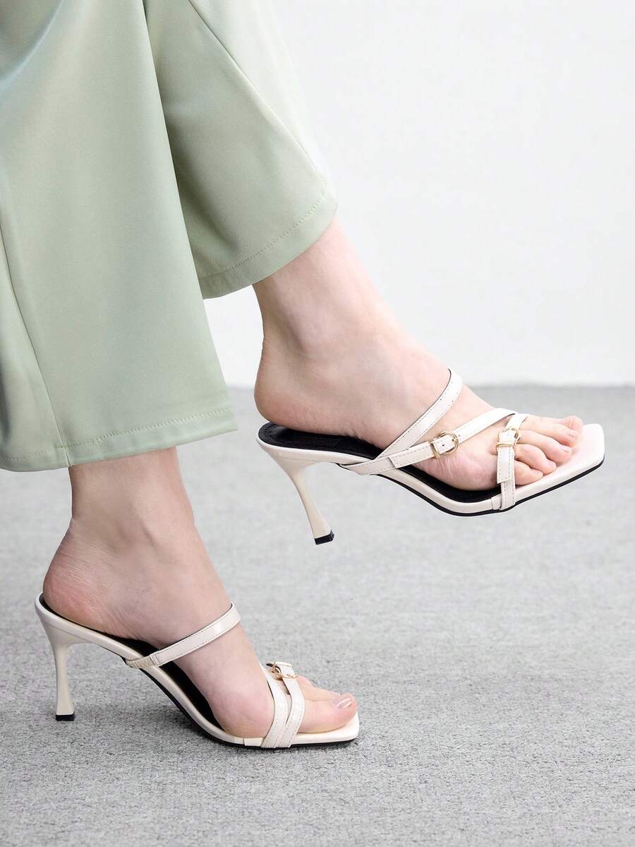 CUCCOO BIZCHIC 女士黑色亮片方头细跟中跟鞋,优雅、休闲、舒适、一脚蹬,适合工作、通勤、约会、派对、正式场合。 - 糯米白色 - 查看 1