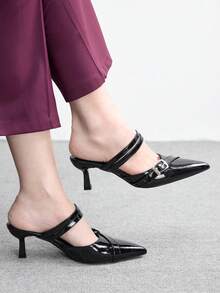 CUCCOO BIZCHIC 女士黑色漆皮高跟穆勒鞋，无后跟套穿式高跟鞋，适合工作和办公室穿着 - 黑色 - 查看 1