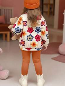 SHEIN Bộ đồ Happikins màu trắng kem và cam caramel, họa tiết hoa retro nhiều màu sắc dễ thương, chất liệu dày dặn, mềm mại, ấm áp dành cho bé gái, gồm áo nỉ dài tay cổ tròn và quần, thích hợp cho mặc hàng ngày vào mùa thu/đông, đi học, nghỉ lễ, và năm mới. - Nhiều màu - Xem 2