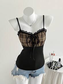 Elamini French Retro Plaid Contrast Lace Trim Camisole, Sweet & Spicy Design, Fitted, Spring/Summer - Multicolor - View 3