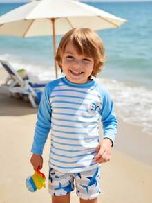 Conjunto de camiseta de protección solar y bañador con estampado de tiburón a rayas para niño pequeño, traje de baño de verano - Multicolor - Ver 3