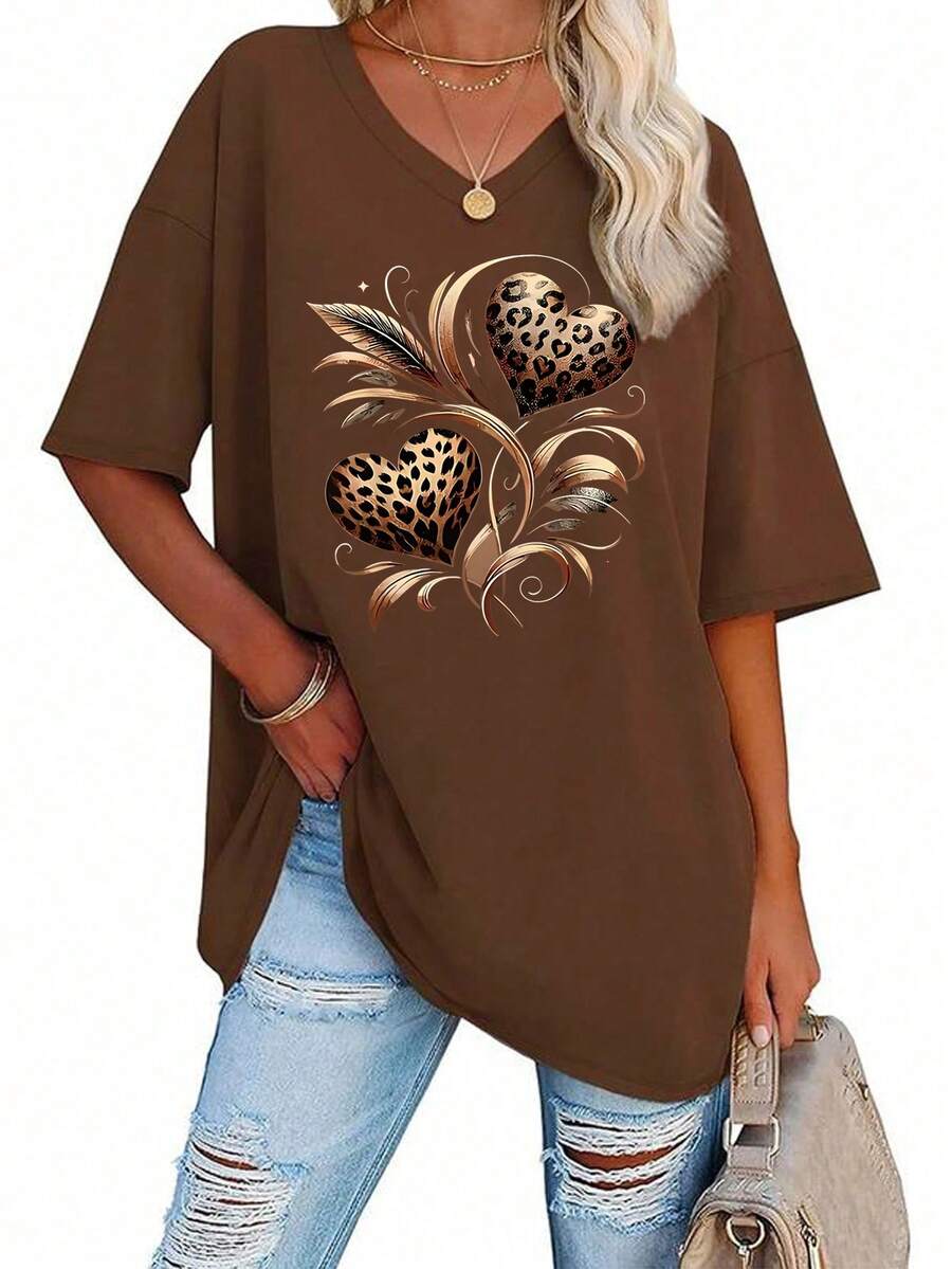 EMERY ROSE Women's Floral Print V-Neck T-Shirt, Summer Casual V-Neck T-Shirt, Women's Daily Outfit - Coffee Brown - View 1