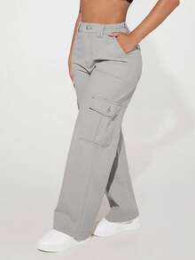 SHEIN PETITE Solid Color Loose Straight Leg Casual Fashionable Versatile Denim Pants - Light Grey - View 5