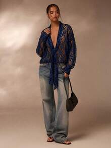 SHEIN Glamour 女士纯色打结薄纱蕾丝长袖衬衫 - 藍色 - 查看 6