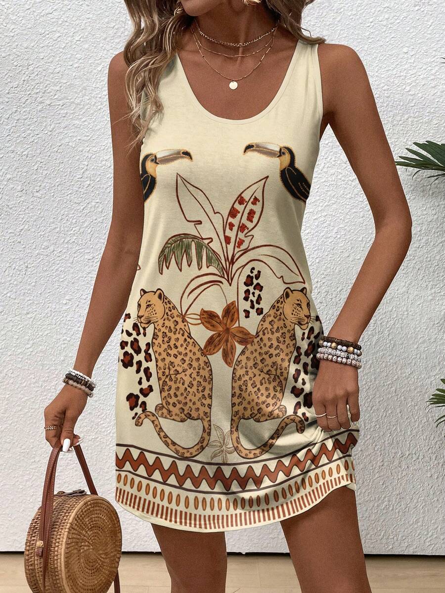 Women's Cartoon Leopard Floral Print Dress, Suitable For All Seasons,Casual - Multicolor - View 1