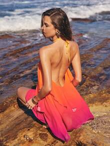 Opulessa 女士印花露背吊带荷叶边迷你连衣裙，夏季度假款 - 彩色 - 查看 2