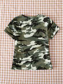 Tween Girls' Camouflage Letter Print Round Neck Short Sleeve T-Shirt - Army Green - View 2