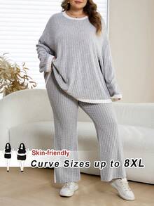 SHEIN CURVE+ Curve 尺码 US22 音乐节、海滨度假、波西米亚撞色滚边上衣和裤子两件套 - 淺灰色 - 查看 10