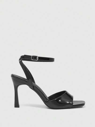 CUCCOO SZL 女士鞋履 春夏新款黑色镜面一体式露趾踝带高跟凉鞋 时尚舒适 百搭性感派对凉鞋 露趾凉鞋