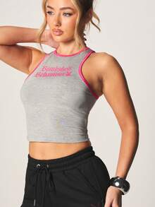 Missguided x Playboy Bombshell Behaviour Slogan Tank Top With Pink Contrast Trim And Racer Back Design - Grey - View 5