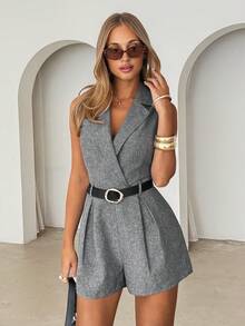 Siren Gaze 女士纯色翻领无袖褶皱设计休闲连体裤 - 灰色 - 查看 4