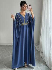 Rafferiza Womens Lake Blue Modest Long Dress With Flared Hem, Batwing Sleeve V Neck And Striped Tape Details, Woven Maxi Gown - Lake Blue - View 5