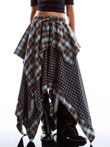 LYSMO 女士格子印花不对称下摆休闲半身裙 - 藍色 - 查看 8